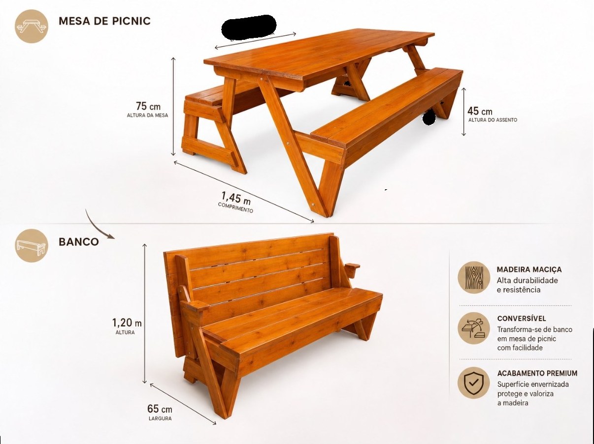Medidas do Banco que Vira Mesa — mesa de picnic e banco