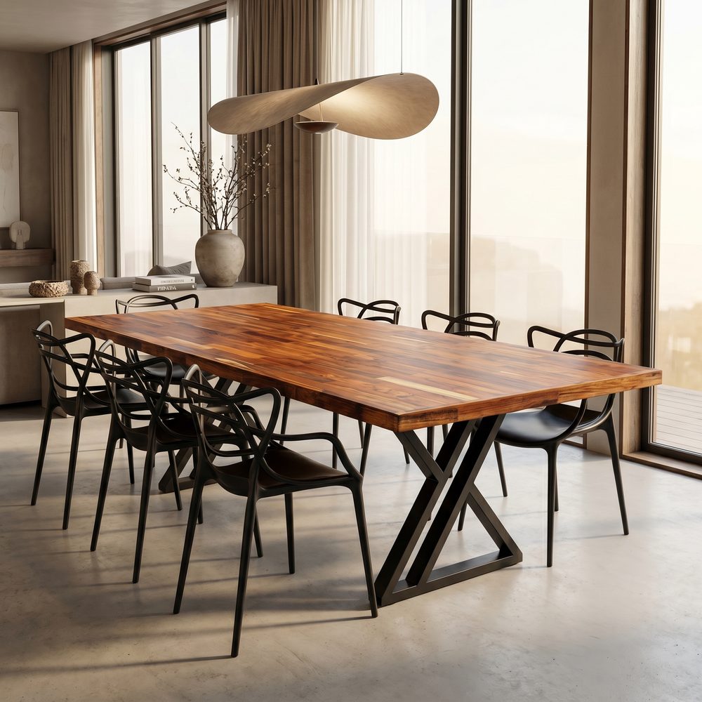 Mesa industrial natural em ambiente moderno