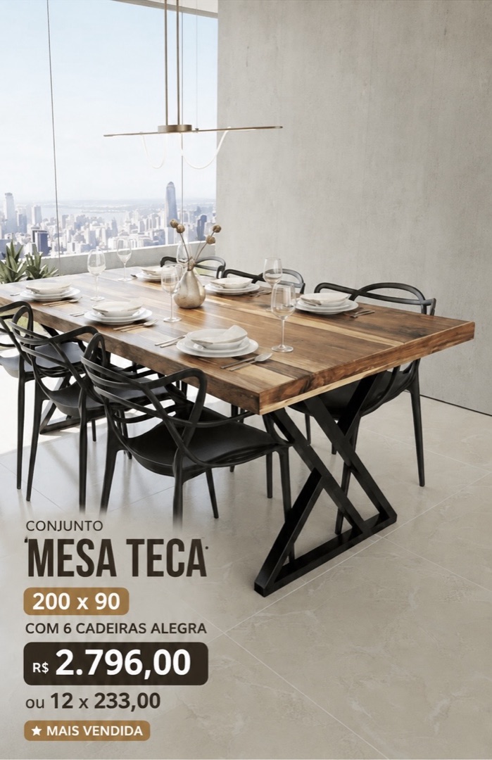 Conjunto mesa teca 200x90 com 6 cadeiras Alegra — R$ 2.796 ou 12x de R$ 233
