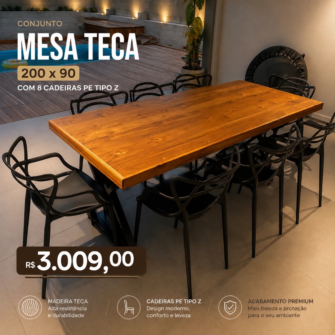 Conjunto mesa teca 200x90 com 8 cadeiras pé tipo Z — R$ 3.009