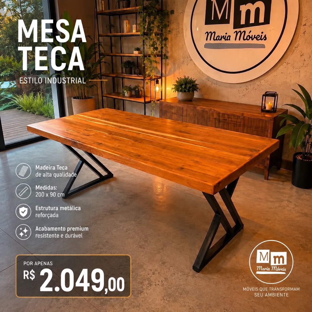 Mesa teca estilo industrial 200x90 — R$ 2.049